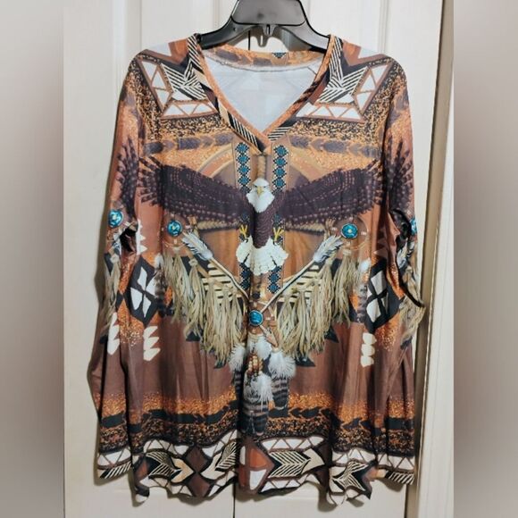 Brown and Tan Graphic Long Sleeve Blouse - Picture 1 of 12